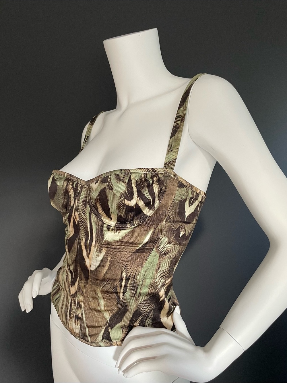 ROBERTO CAVALLI Vintage 2005 Silk Animal Feather Print Corset Bustier Top S/M